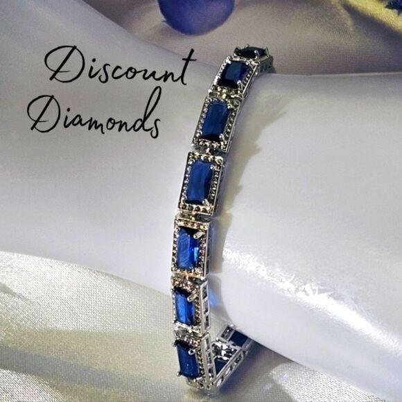 Blue Rectangular 5 mm Princess Cut Topaz Tennis Bracelet on 925 Silver - Picture 6 of 10